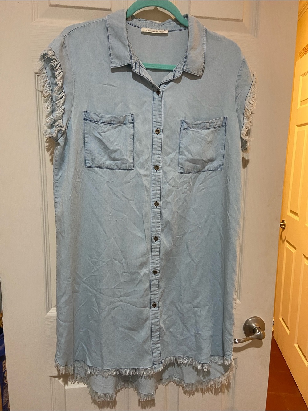 Light Wash Denim Tunic Dress with Frayed Sleeves